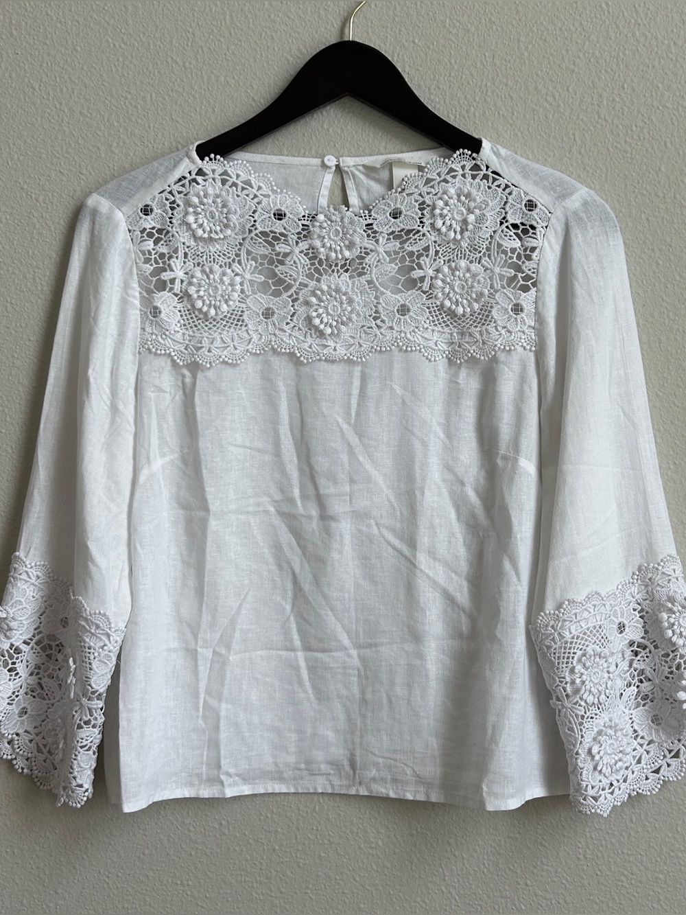H&M White Crochet Yoke Long Sleeve Blouse